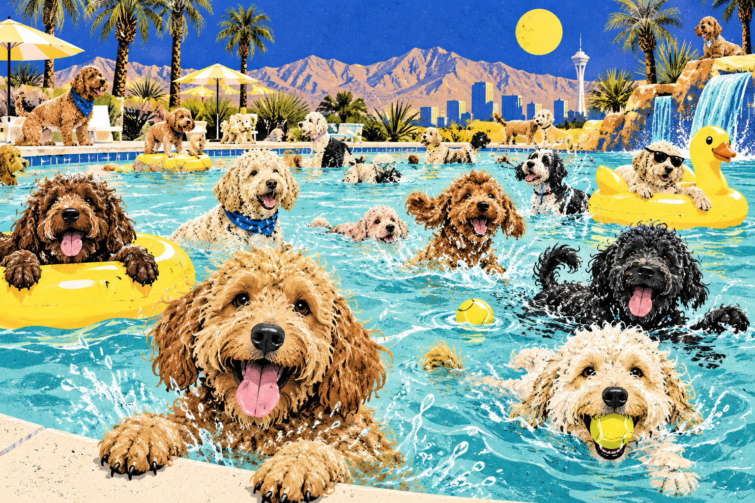 Illustrazione di cani ricci che giocano in una piscina turchese